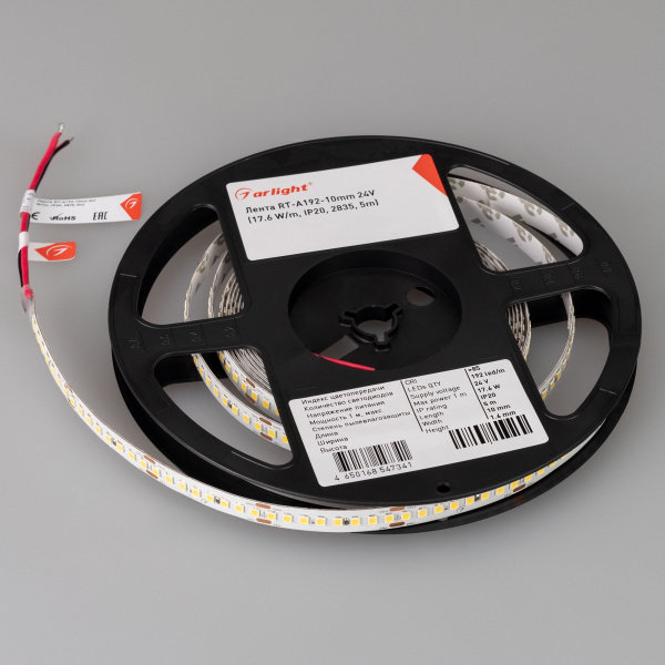Лента RT-A192-10mm 24V Warm2400 (17.6 W/m, IP20, 2835, 5m) (Arlight, высок.эфф.150 лм/Вт)