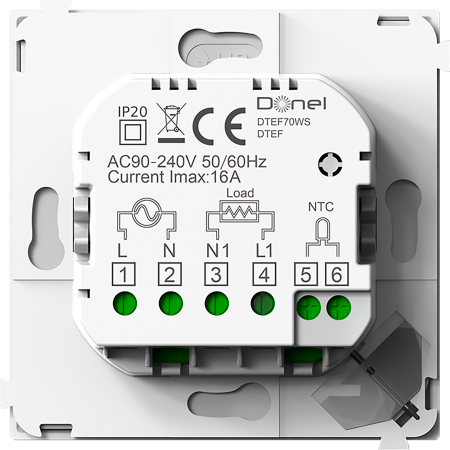 Donel Термостат электронный с датчиком пола, непрограммир. 16 A, 70*70 мм., белое стекло, серия DTEF