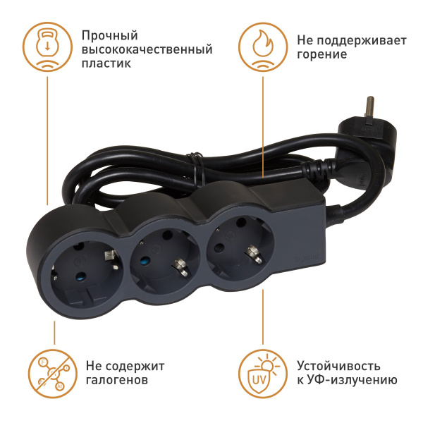 Legrand Revolution Стандарт Черный Удлинитель 3x2К+З, кабель 5м