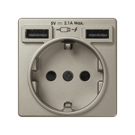 Simon S82 Concept Накладка для розетки Schuko с зарядным устройством USB A+A цвета матовая шампань