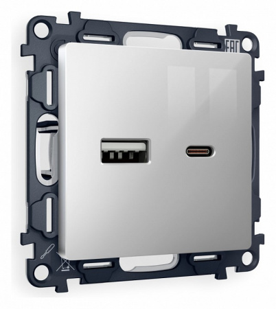 Комплект механизма розетки ALFA MA411010 Серебро глянец 2USB A+C 20W быстрая зарядка QUANT