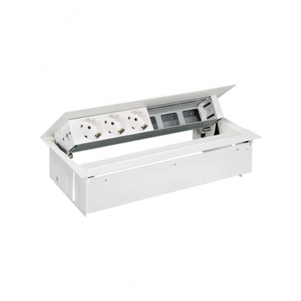 Simon 400 Белый Врезной розеточный блок с крышкой и мет. вводом, 3x2P+E, 3 пустых модуля