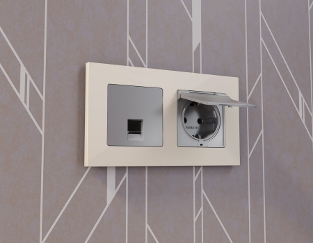 Лицевая панель ALFA (Сталь матовый) для электрической розетки с заземлением со шторками и крышкой IP44 QUANT