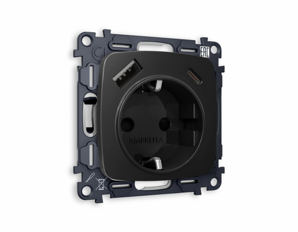 Комплект механизма электрической розетки OMEGA MO810010 Черный матовый 2USB A+C 20W быстрая зарядка с заземлением и шторками 2P+E 16A-250V QUANT
