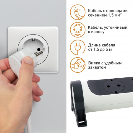 Legrand Revolution Комфорт Бело-черный Удлинитель 3x2К+З с 2xUSB A+C (3А), кабель 1,5м, плоские розетки, УЗИП с индикацией, фиксируемый поворотный бло