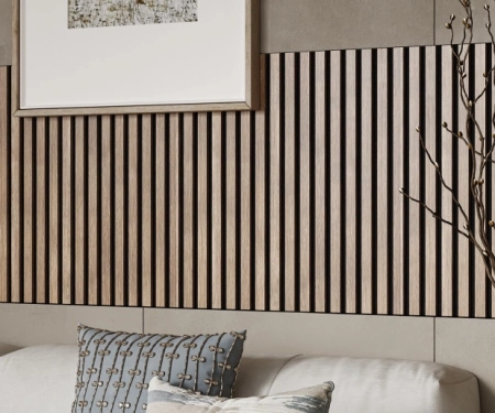 Акустическая панель, черный войлок, 2750х600х19мм, рейки МДФ ясень тирамису Акустическая панель, черный войлок, 2750х600х19мм, рейки МДФ ясень тирамису