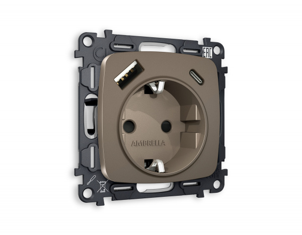 Комплект механизма электрической розетки OMEGA MO640010 Темная бронза матовый 2USB A+C20W быстрая зарядка с заземлением и шторками 2P+E 16A-250V QUANT