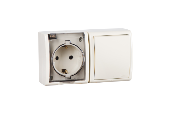 Simon 15 Aqua Бежевый Блок: Розетка 2P+E Schuko 16А 250В + выключатель 10А 250В, IP54