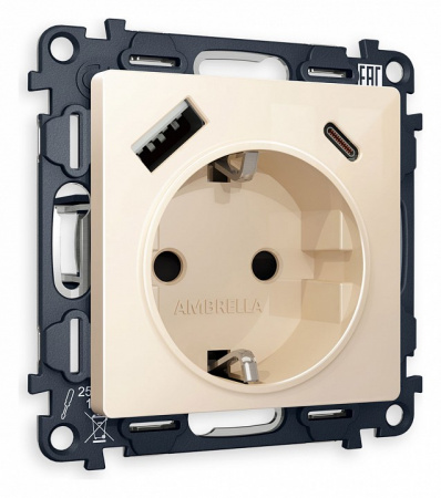 Комплект механизма электрической розетки ALFA MA310010 Бежевый глянец 2USB A+C 20W быстрая зарядка с заземлением и шторками 2P+E 16A-250V QUANT