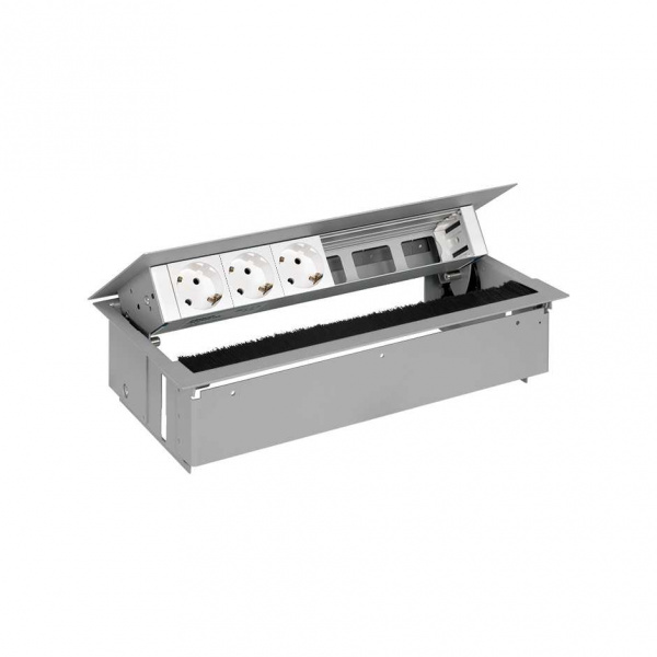 Simon 400 Алюминий Врезной розеточный блок с крышкой, ввод щетка, 3x2P+E, 3 пустых модуля