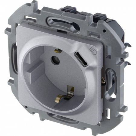 Legrand INSPIRIA Алюминий Розетка 2К+З немецкий стандарт 16А 250В со встроенным зарядным устройством USB C 1.5А 5В
