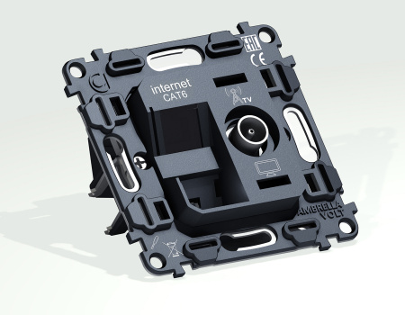 Механизм розетки компьютерной + TV оконечной RJ-45 (8P8C) CAT6 1000 Base-T/50-870 MHz 1dB с автоматической защитной шторкой QUANT VM195