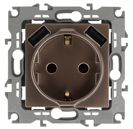 ЭРА 12-4109-13 Бронза Розетка 2P+E 16A-250В, штор. с 2xUSB 5В-3А, 12