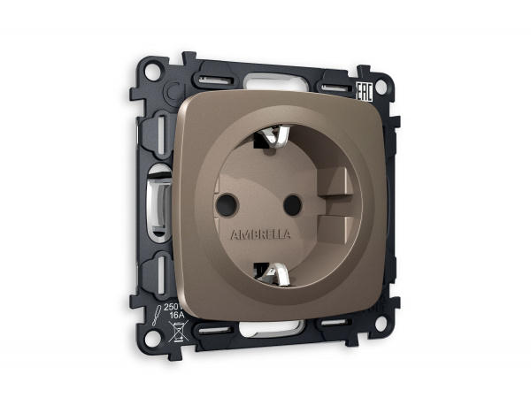 Комплект механизма электрической розетки OMEGA MO637010 Темная бронза матовый с заземлением и шторками 2P+E 16A-250V QUANT