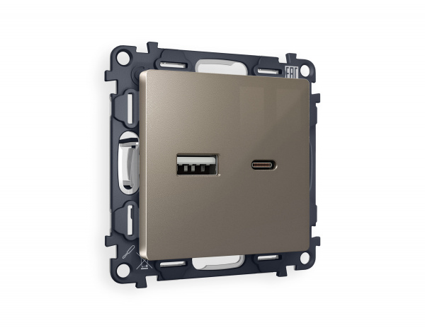 Комплект механизма розетки ALFA MA641010 Темная бронза матовый 2USB A+C 20W быстрая зарядка QUANT