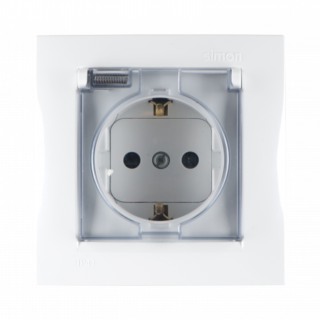 Simon 15 Белая Розетка 1-ая с/з с крышкой с защитными шторками, IP44 (в сборе с рамкой)
