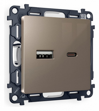 Комплект механизма розетки ALFA MA641010 Темная бронза матовый 2USB A+C 20W быстрая зарядка QUANT