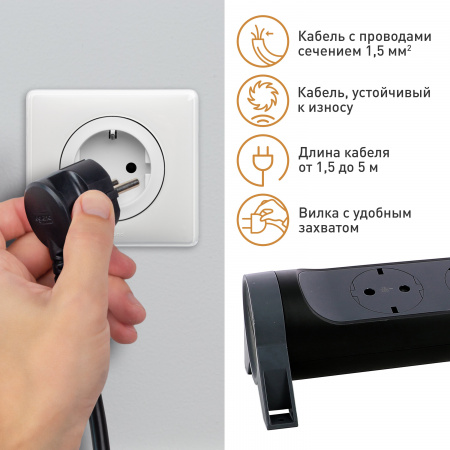 Legrand Удлинитель с поворотным основанием и 2xUSB A+C (3А) зарядками, защитой от импульсных перенапряжений серии "Комфорт" 3 x 2К+З с кабелем 1,5 м.,
