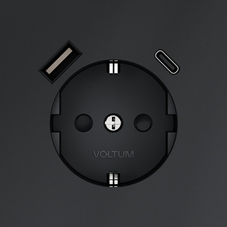 Розетка встраиваемая VOLTUM S70 с заземлением и защитными шторками, 16А, с USB, A+С, (графит)