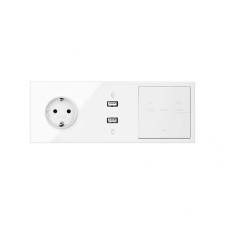 Simon 100 Кит 3 поста механизм 1 розетка Schuko + 1 з/у 2хUSB + 1 переключатель (проходной) + 1 выключатель жалюзи + суппорт