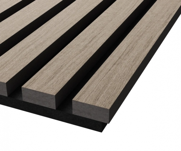 Акустическая панель, черный войлок, 1200х600х21мм, рейки МДФ, шпон дуб латте бежевый Акустическая панель, черный войлок, 1200х600х21мм, рейки МДФ, шпон дуб латте бежевый