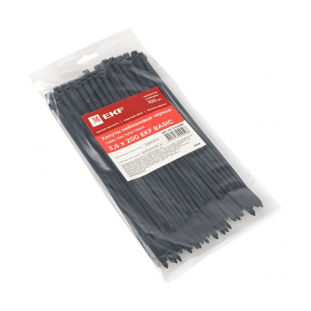 EKF Basic Хомут нейлоновый черный (3,6х200) (100шт.)
