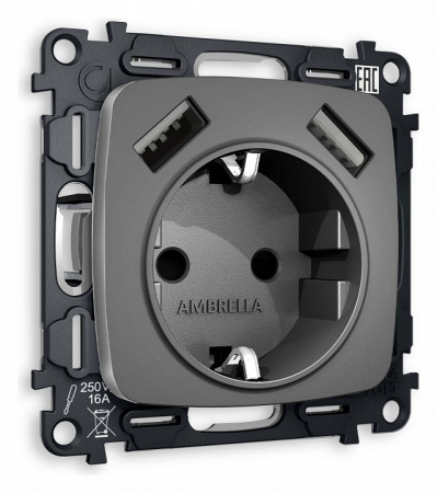 Комплект механизма электрической розетки OMEGA MO659010 Антрацит серый 2USB A+A 18W быстрая зарядка с заземлением и шторками 2P+E 16A-250V QUANT