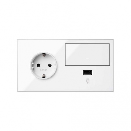Simon 100 Кит 2 поста механизм 1 розетка Schuko + 1 з/у USB SC 2.1A + 1 перекрестный выключатель + суппорт
