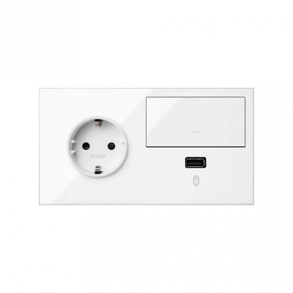 Simon 100 Кит 2 поста механизм 1 розетка Schuko + 1 з/у USB SC 2.1A + 1 перекрестный выключатель + суппорт