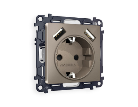 Комплект механизма электрической розетки ALFA MA639010 Темная бронза матовый 2USB A+A 18W быстрая зарядка с заземлением и шторками 2P+E 16A-250V QUANT