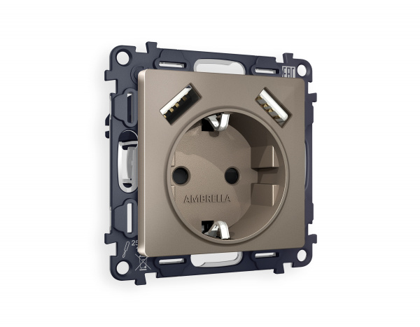 Комплект механизма электрической розетки ALFA MA639010 Темная бронза матовый 2USB A+A 18W быстрая зарядка с заземлением и шторками 2P+E 16A-250V QUANT