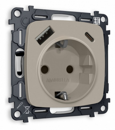 Комплект механизма электрической розетки OMEGA MO370010 Серо-бежевый матовый 2USB A+C 20W быстрая зарядка с заземлением со шторками 2P+E 16A-250 QUANT