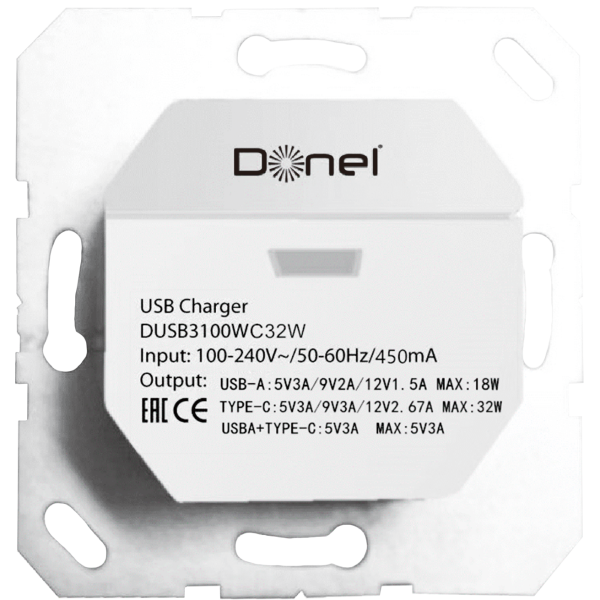 Donel USB зарядное устройство, 3.1A. тип A:max 18W, тип С:max 32W, белый, серия DUSB, DUSB3100WCF
