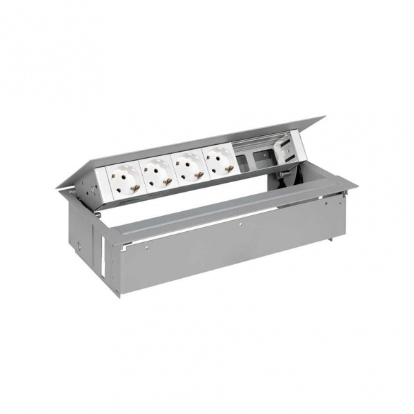 Simon 400 Алюминий Врезной розеточный блок с крышкой и мет. вводом, 4x2P+E, 2 пустых модуля