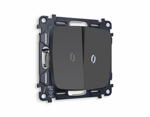 Комплект механизма 2-клавишного проходного выключателя с подсветкой 5600K OMEGA MO904035 Графит мягкое касание QUANT