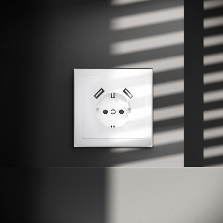 Розетка встраиваемая VOLTUM S70 с заземлением и защитными шторками, 16А, с USB, A+A, (белый глянцевы