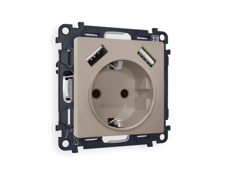 Комплект механизма электрической розетки ALFA MA369010 Серо-бежевый матовый 2USB A+A 18W быстрая зарядка с заземлением со шторками 2P+E 16A-250V QUANT