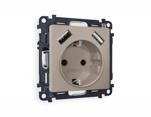 Комплект механизма электрической розетки ALFA MA369010 Серо-бежевый матовый 2USB A+A 18W быстрая зарядка с заземлением со шторками 2P+E 16A-250V QUANT