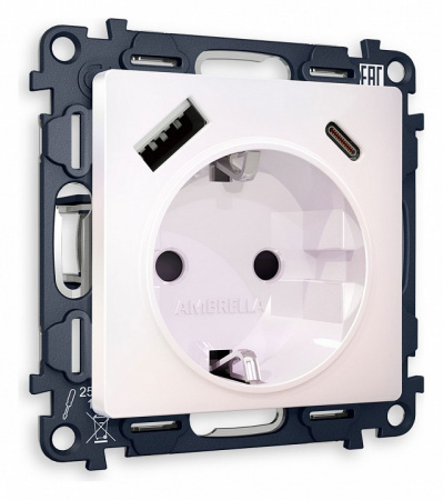 Комплект механизма электрической розетки ALFA MA210010 Жемчуг 2USB A+C 20W быстрая зарядка с заземлением и шторками 2P+E 16A-250V QUANT