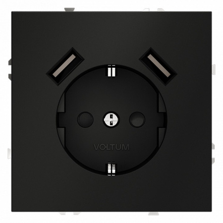 Розетка встраиваемая VOLTUM S70 с заземлением и защитными шторками, 16А, с USB, A+A, (черный матовый