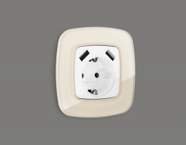 Лицевая панель OMEGA (Белый глянец) для розетки с заземлением со шторками 2USB тип A+A QUANT A1090