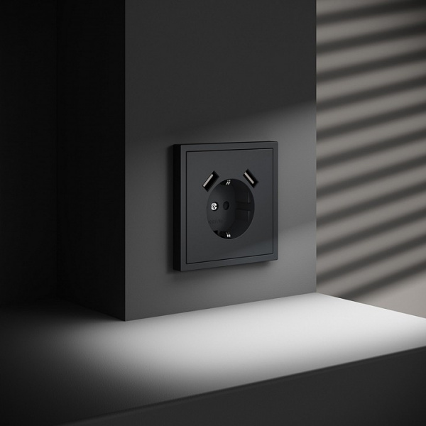 Розетка встраиваемая VOLTUM S70 с заземлением и защитными шторками, 16А, с USB, A+A, (графит) Розетка встраиваемая VOLTUM S70 с заземлением и защитными шторками, 16А, с USB, A+A, (графит)