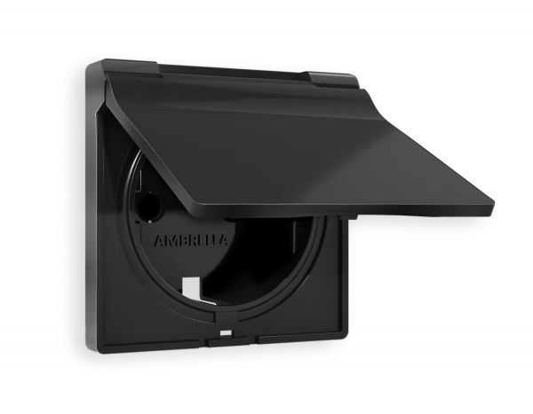 Лицевая панель ALFA (Черный матовый) для электрической розетки с заземлением со шторками и крышкой IP44 QUANT AP8080