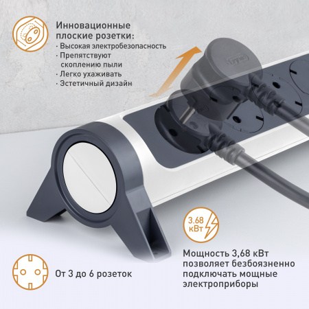 Legrand Revolution Комфорт Бело-черный Удлинитель 6x2К+З с выкл., кабель 1,5м, плоские розетки, с ИПМ и защитой от перегрузки, фиксируемый поворотный