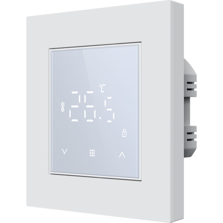 Donel Терморегулятор с датчиком пола 16 A, 55*55 мм., дисплей в одном уровне с рамкой, белое стекло, серия DTEF