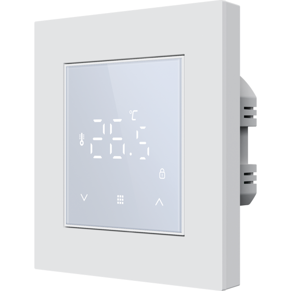 Donel Терморегулятор с датчиком пола 16 A, 55*55 мм., дисплей в одном уровне с рамкой, белое стекло, серия DTEF
