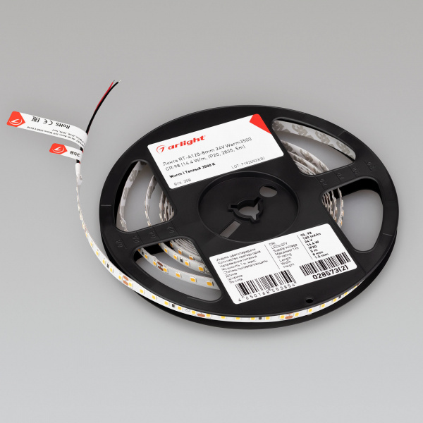 Arlight Лента RT-A120-8mm 24V Warm3500 CRI98 (14.4 W/m, IP20, 2835, 5m) (Открытый)