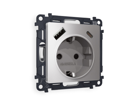 Комплект механизма электрической розетки ALFA MA510010 Сталь матовый 2USB A+C 20W быстрая зарядка с заземлением и шторками 2P+E 16A-250V QUANT