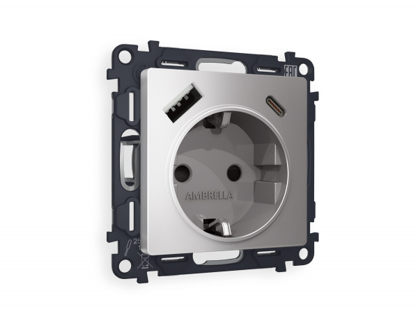 Комплект механизма электрической розетки ALFA MA510010 Сталь матовый 2USB A+C 20W быстрая зарядка с заземлением и шторками 2P+E 16A-250V QUANT
