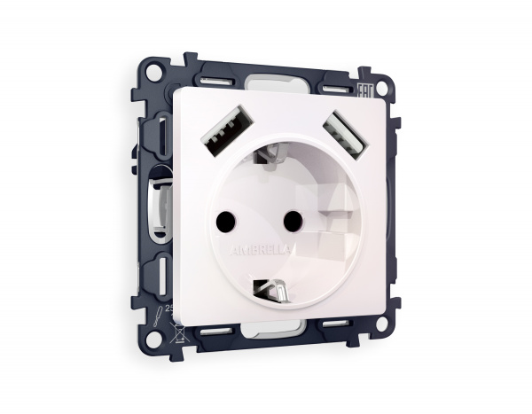 Комплект механизма электрической розетки ALFA MA209010 Жемчуг 2USB A+A 18W быстрая зарядка с заземлением и шторками 2P+E 16A-250V QUANT
